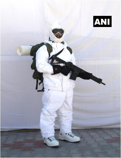 An Indian Army soldier wearing latest American extreme cold weather clothing – Indian Defence Research Wing